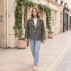Women's Briana Oversized Asymmetric Leather Moto Jacket — Brown — full-body-front