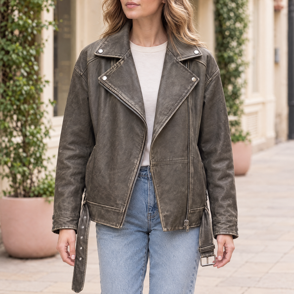 Women's Briana Oversized Asymmetric Leather Moto Jacket — Brown — hero