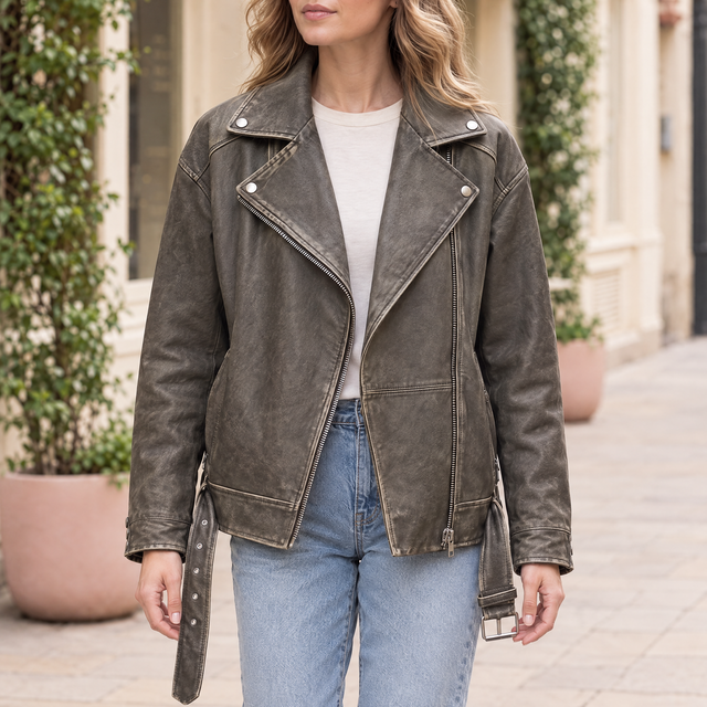 Women's Briana Oversized Asymmetric Leather Moto Jacket
