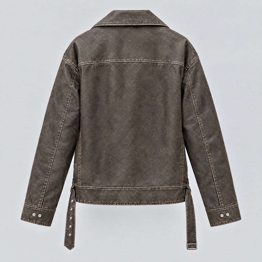 Women's Briana Oversized Asymmetric Leather Moto Jacket — Brown — product-back