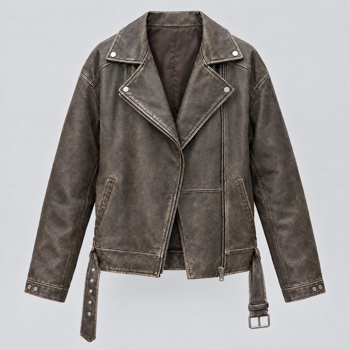 Women's Briana Oversized Asymmetric Leather Moto Jacket — Brown — product-front