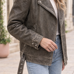 Women's Briana Oversized Asymmetric Leather Moto Jacket — Brown — sleeve-detail