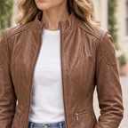 Women's Caitlin Leather Scuba Jacket — Cognac — chest-detail