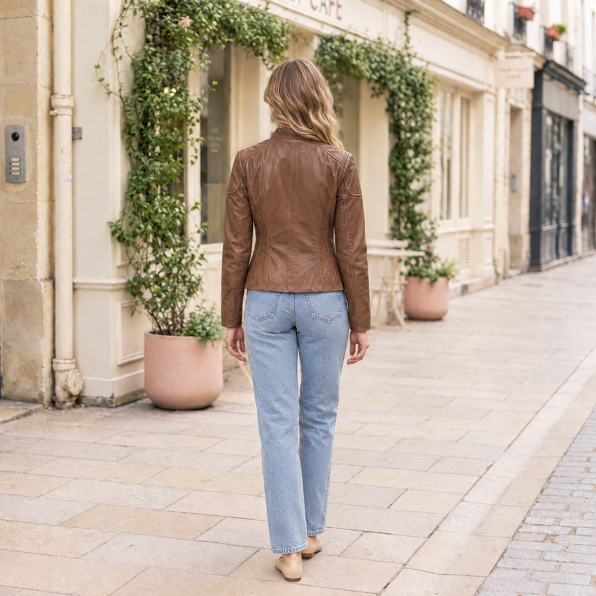 Women's Caitlin Leather Scuba Jacket — Cognac — full-body-back