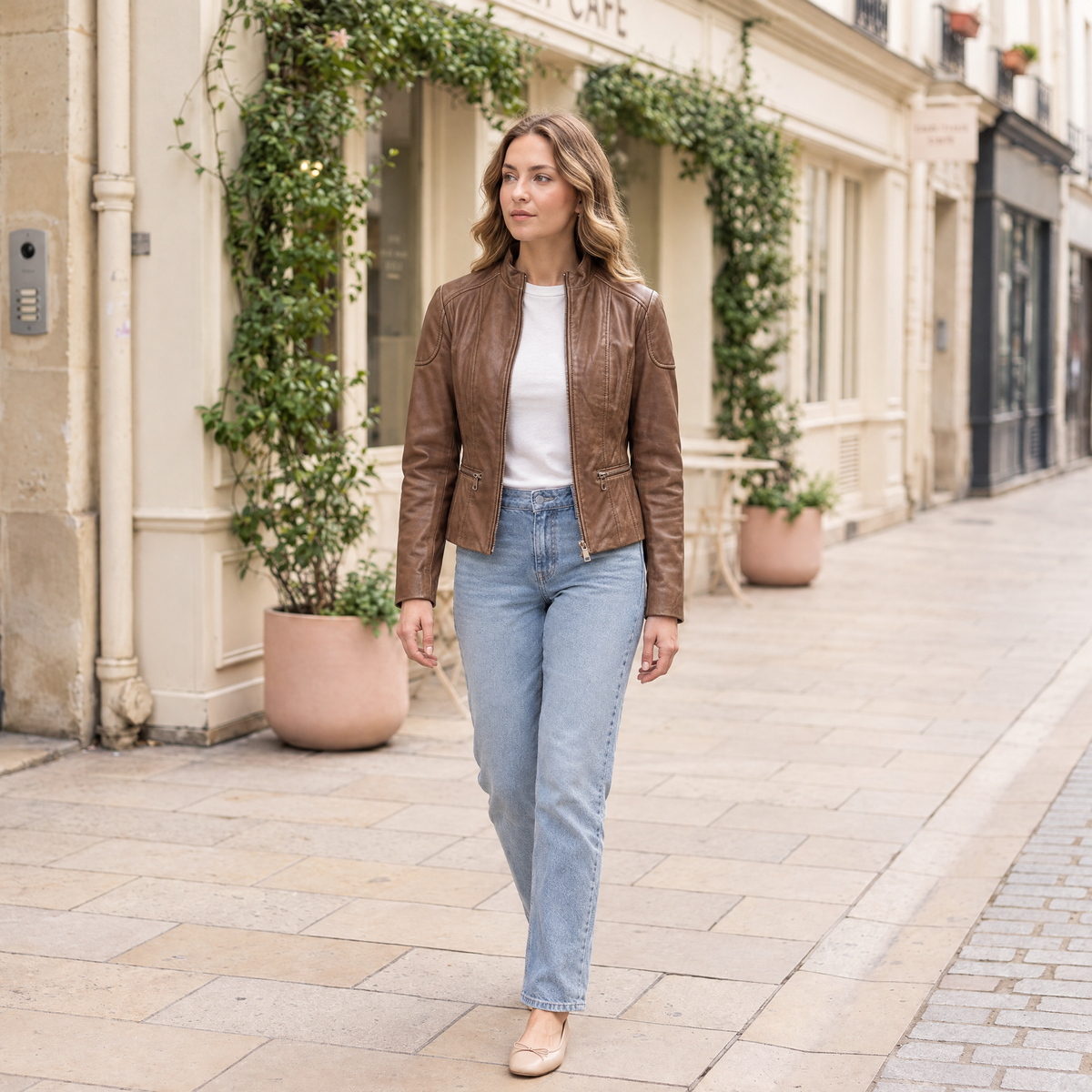 Women's Caitlin Leather Scuba Jacket — Cognac — full-body-front