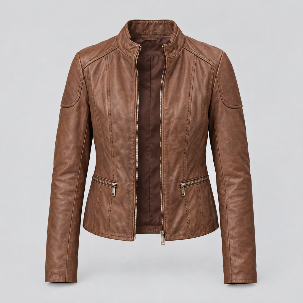 Women's Caitlin Leather Scuba Jacket — Cognac — product-front