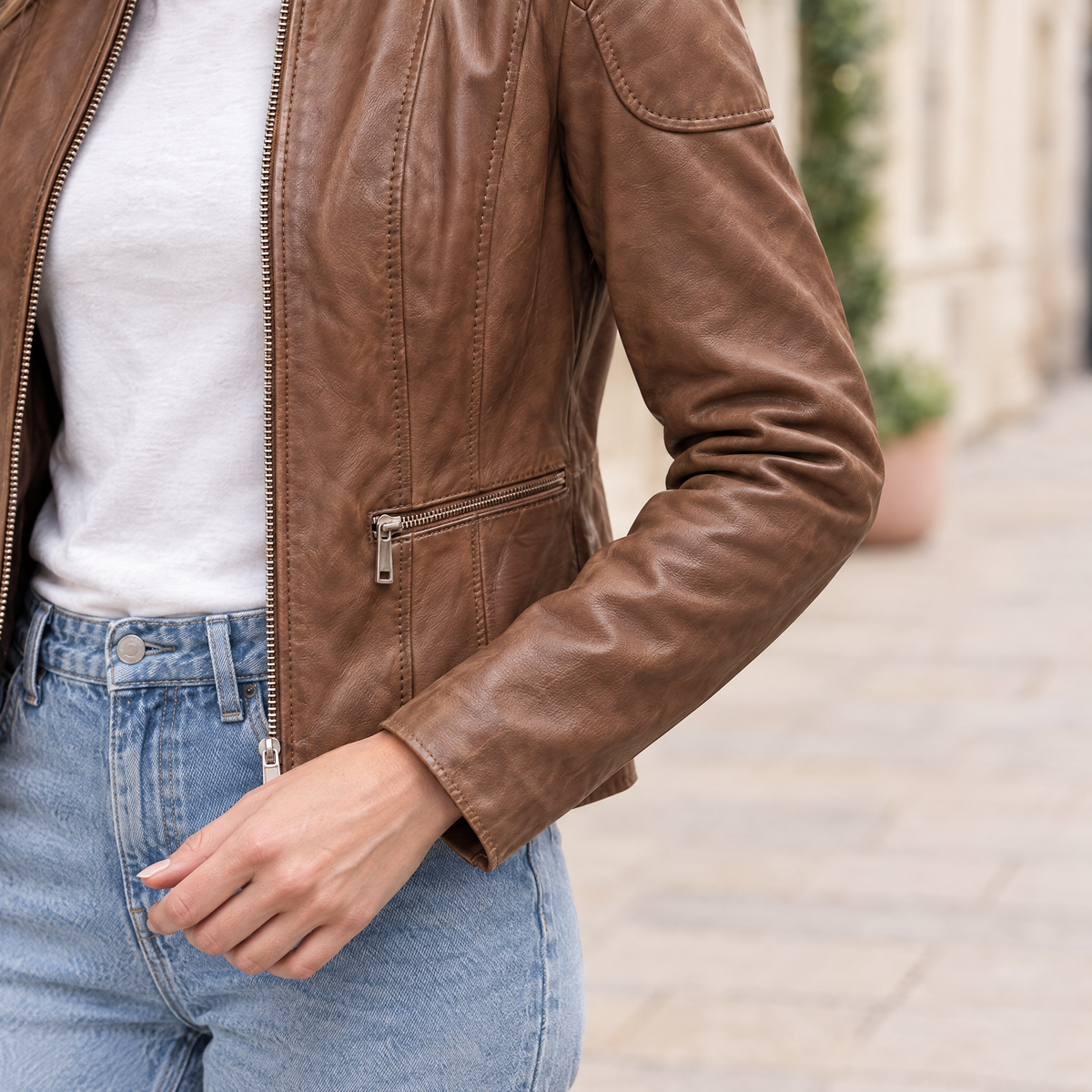Women's Caitlin Leather Scuba Jacket — Cognac — sleeve-detail