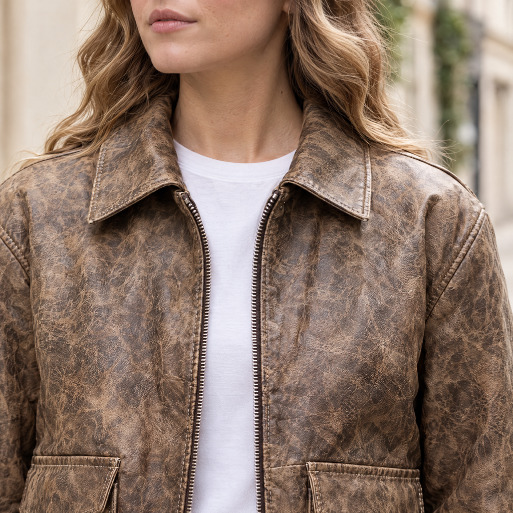 Women's Cassidy Oversized Leather Bomber Jacket — Brown — chest-detail