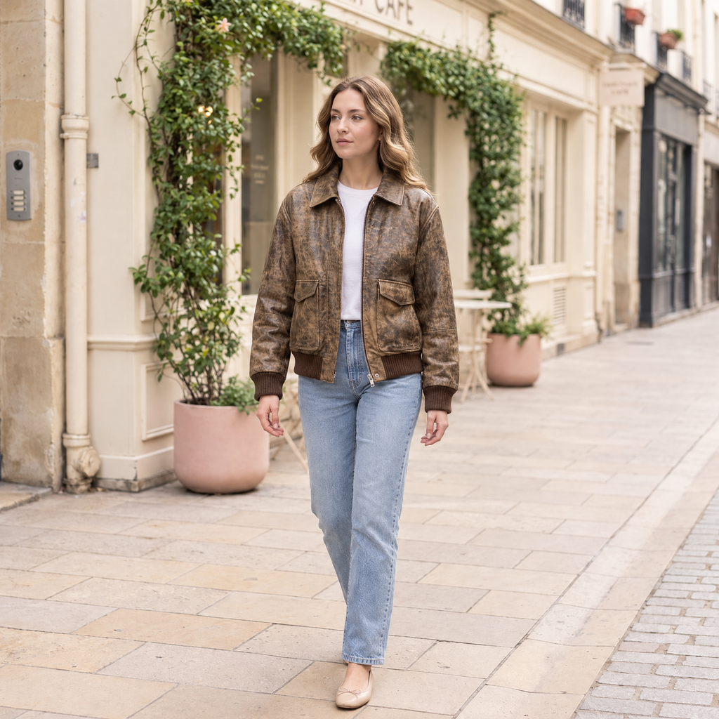 Women's Cassidy Oversized Leather Bomber Jacket — Brown — full-body-front