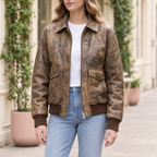 Women's Cassidy Oversized Leather Bomber Jacket — Brown — hero