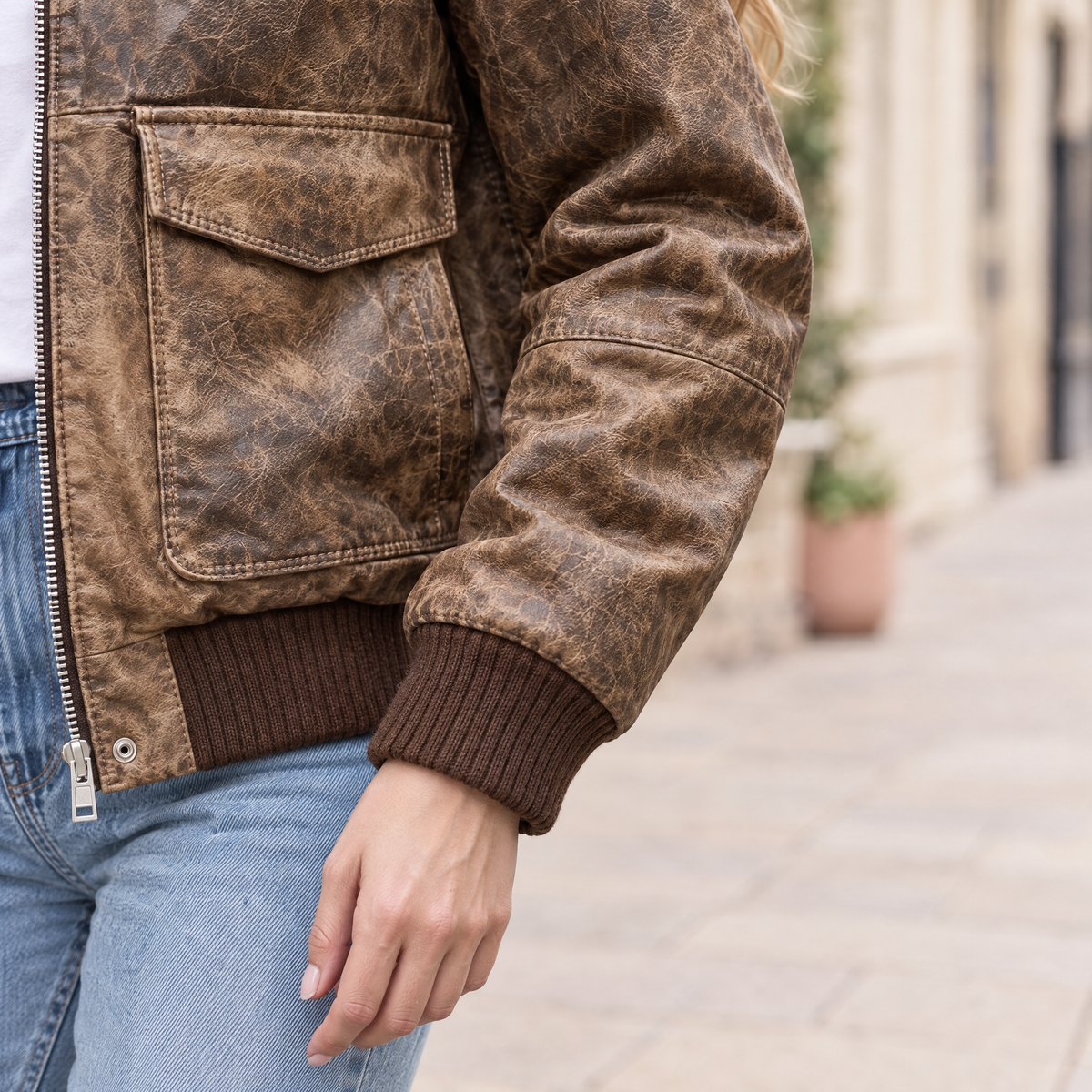 Women's Cassidy Oversized Leather Bomber Jacket — Brown — sleeve-detail