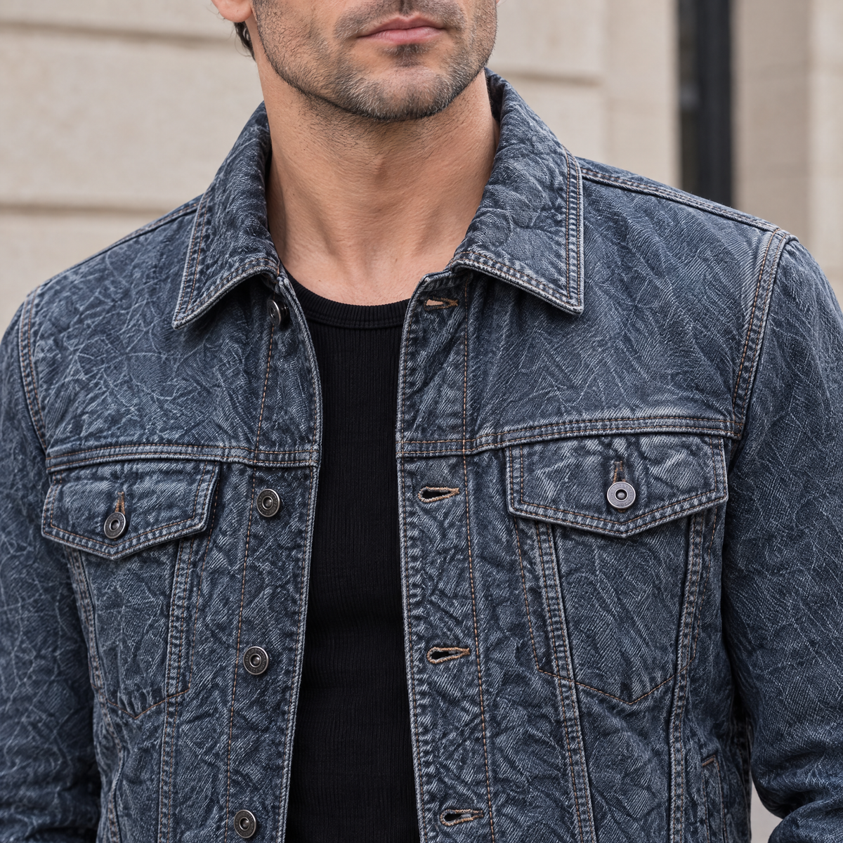 Men's Chase Leather Denim Jacket — Denim — chest-detail