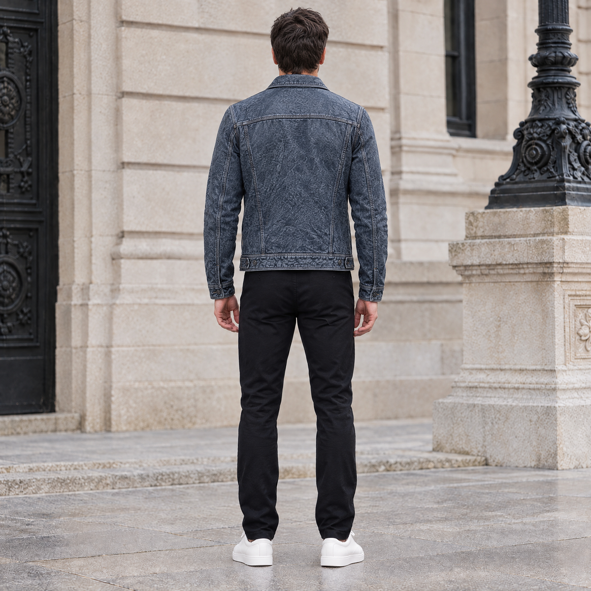 Men's Chase Leather Denim Jacket — Denim — full-body-back
