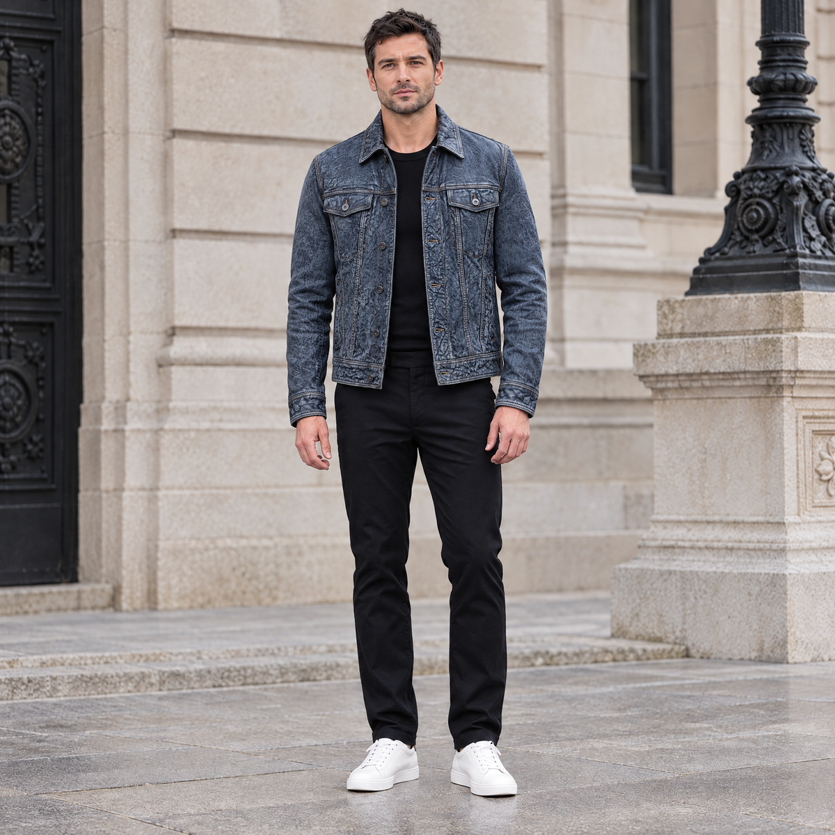 Men's Chase Leather Denim Jacket — Denim — full-body-front