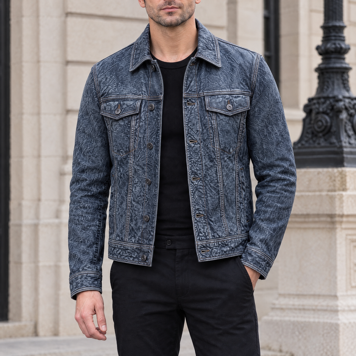 Men's Chase Leather Denim Jacket — Denim — hero