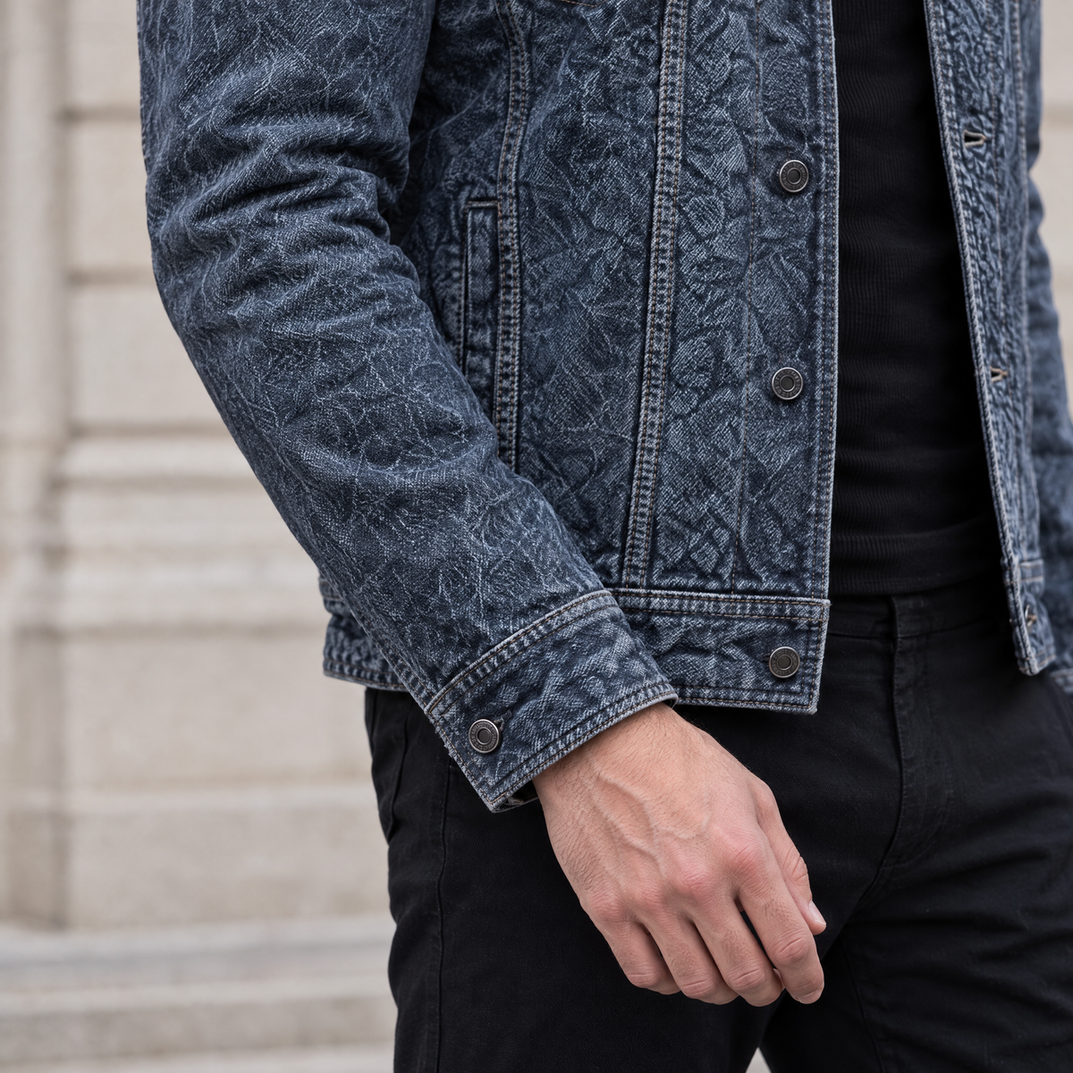 Men's Chase Leather Denim Jacket — Denim — sleeve-detail