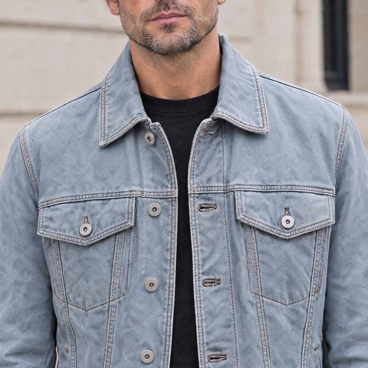 Men's Chase Leather Denim Jacket — Light Blue Wash — chest-detail