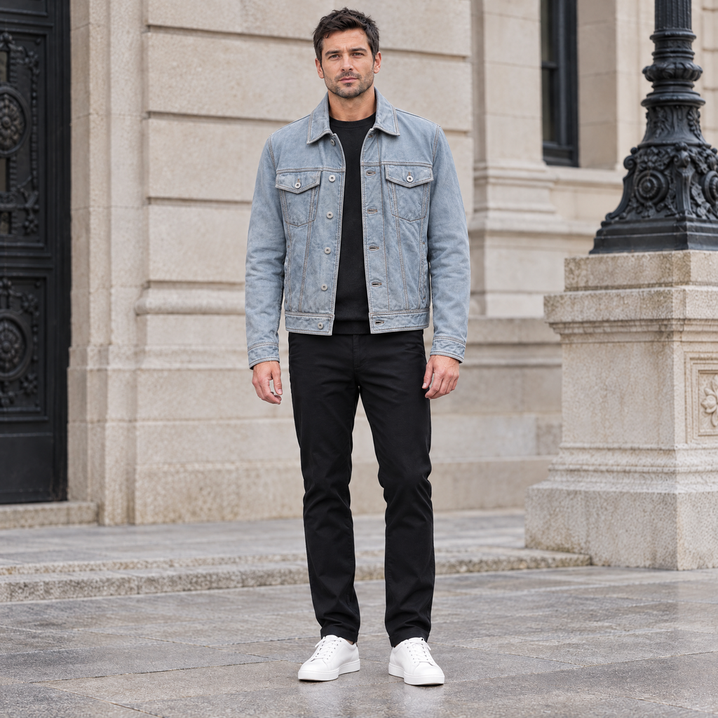 Men's Chase Leather Denim Jacket — Light Blue Wash — full-body-front