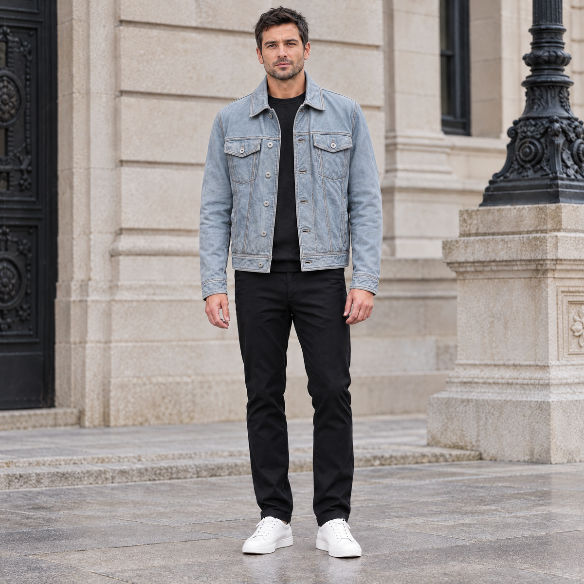 Men's Chase Leather Denim Jacket — Light Blue Wash — full-body-front
