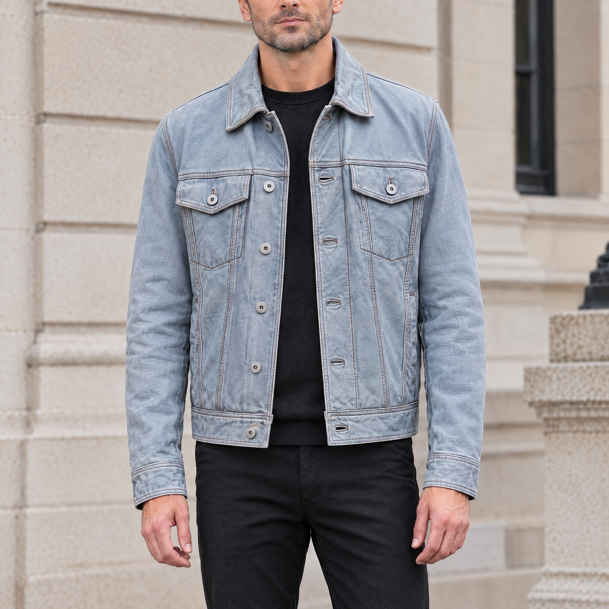 Men's Chase Leather Denim Jacket — Light Blue Wash — hero