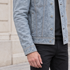 Men's Chase Leather Denim Jacket — Light Blue Wash — sleeve-detail