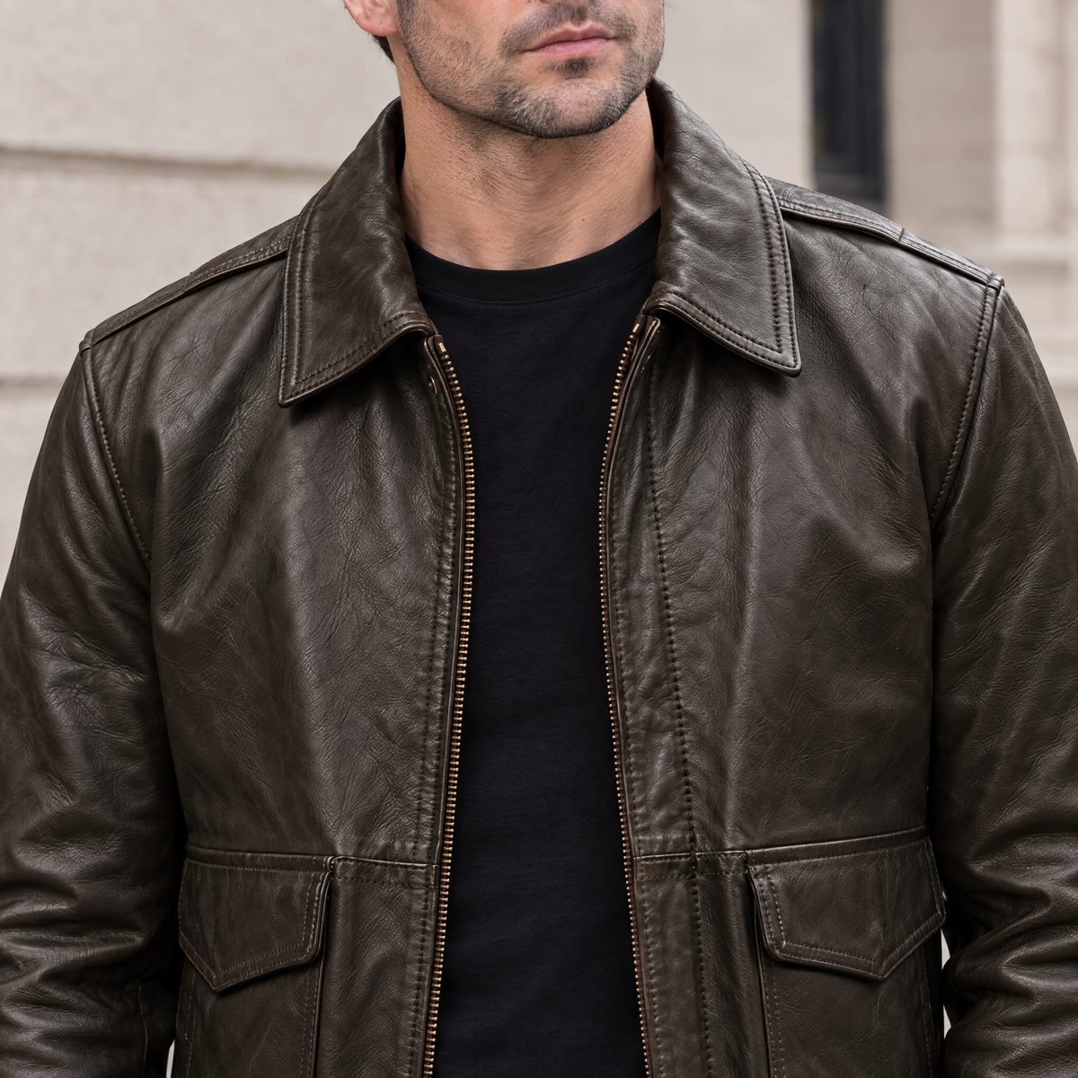 Men's Chris Big & Tall Leather Bomber Jacket — Deep Brown — chest-detail