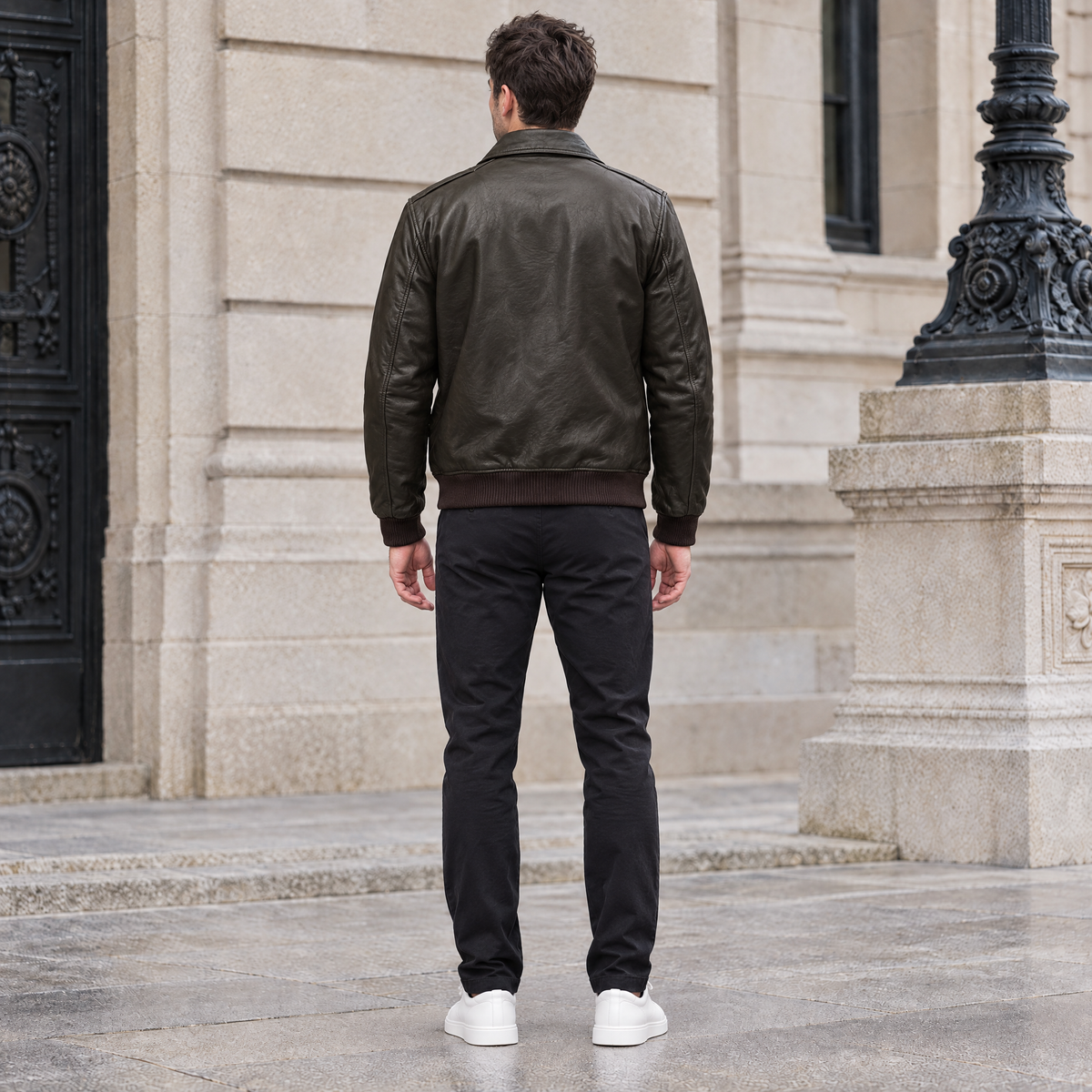 Men's Chris Big & Tall Leather Bomber Jacket — Deep Brown — full-body-back