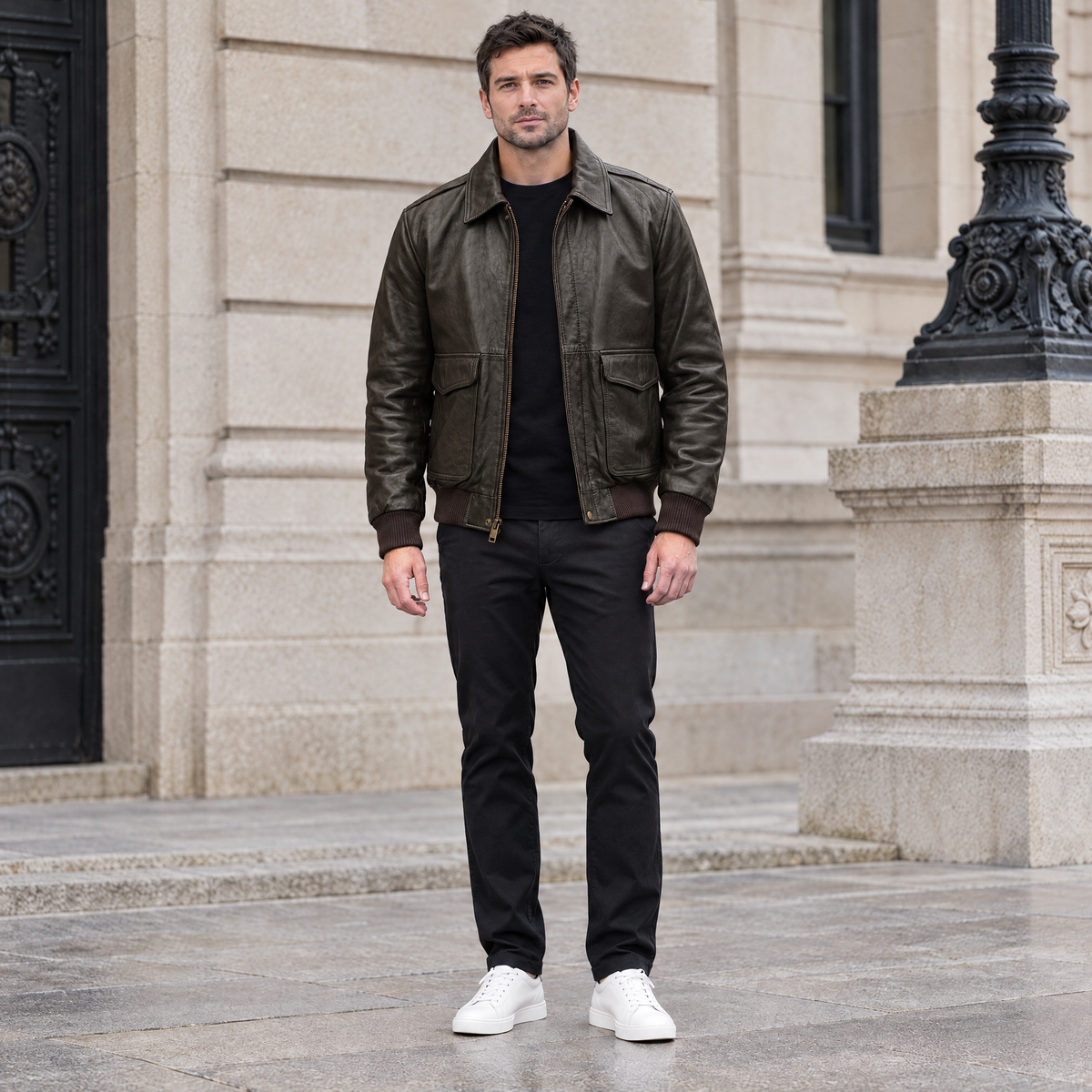 Men's Chris Big & Tall Leather Bomber Jacket — Deep Brown — full-body-front