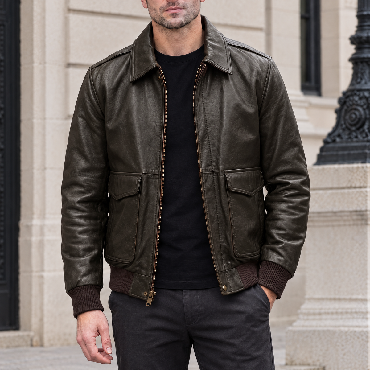 Men's Chris Big & Tall Leather Bomber Jacket — Deep Brown — hero