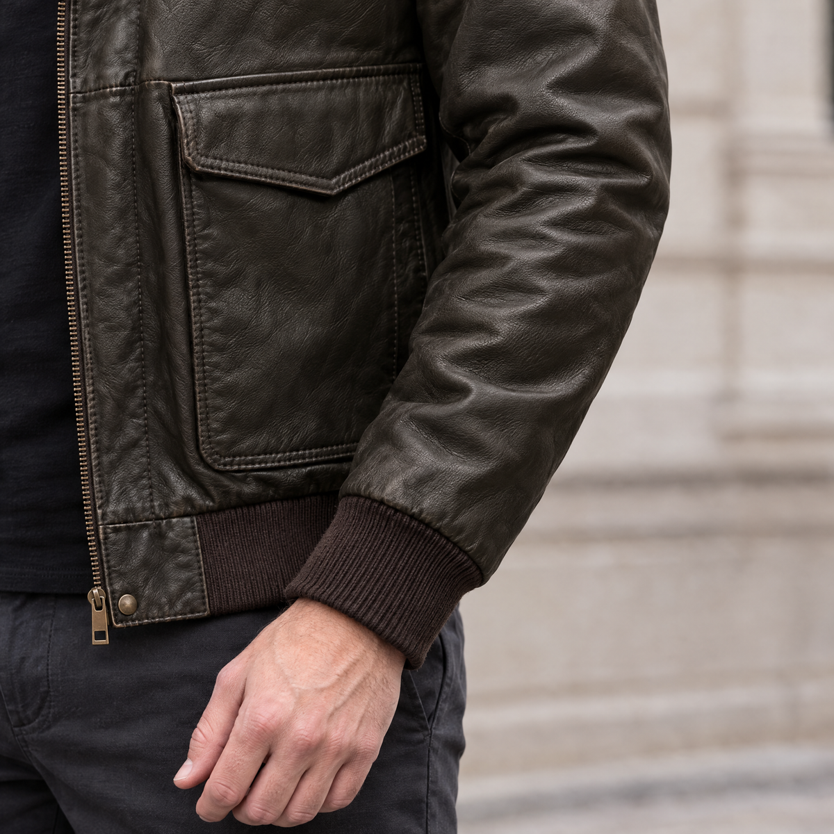 Men's Chris Big & Tall Leather Bomber Jacket — Deep Brown — sleeve-detail