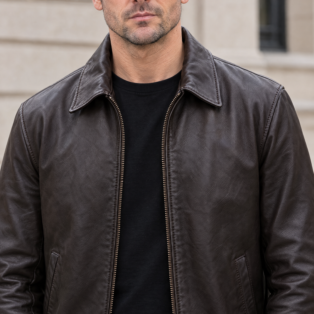 Men's Chris Leather Bomber Jacket — Brown — chest-detail