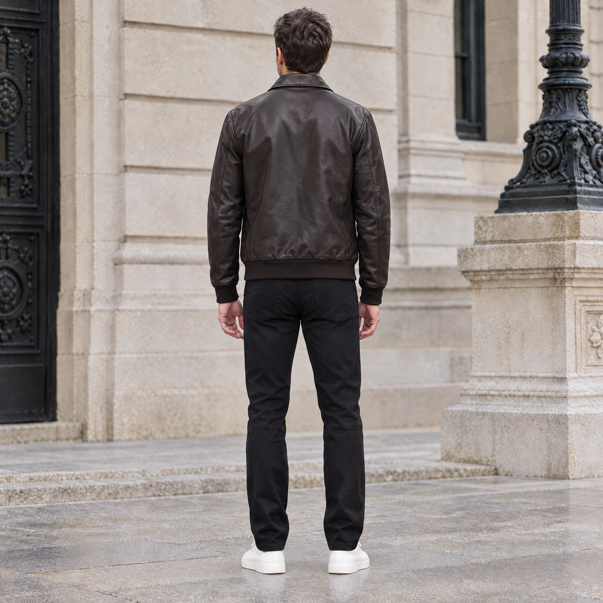 Men's Chris Leather Bomber Jacket — Brown — full-body-back
