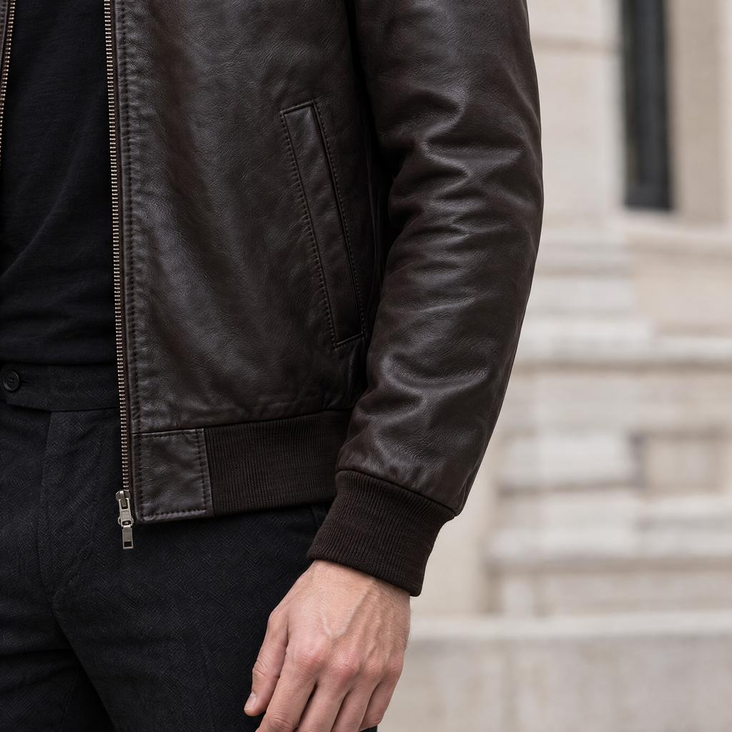 Men's Chris Leather Bomber Jacket — Brown — sleeve-detail
