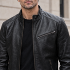 Men's Classic Leather Racer Jacket — Black — chest-detail
