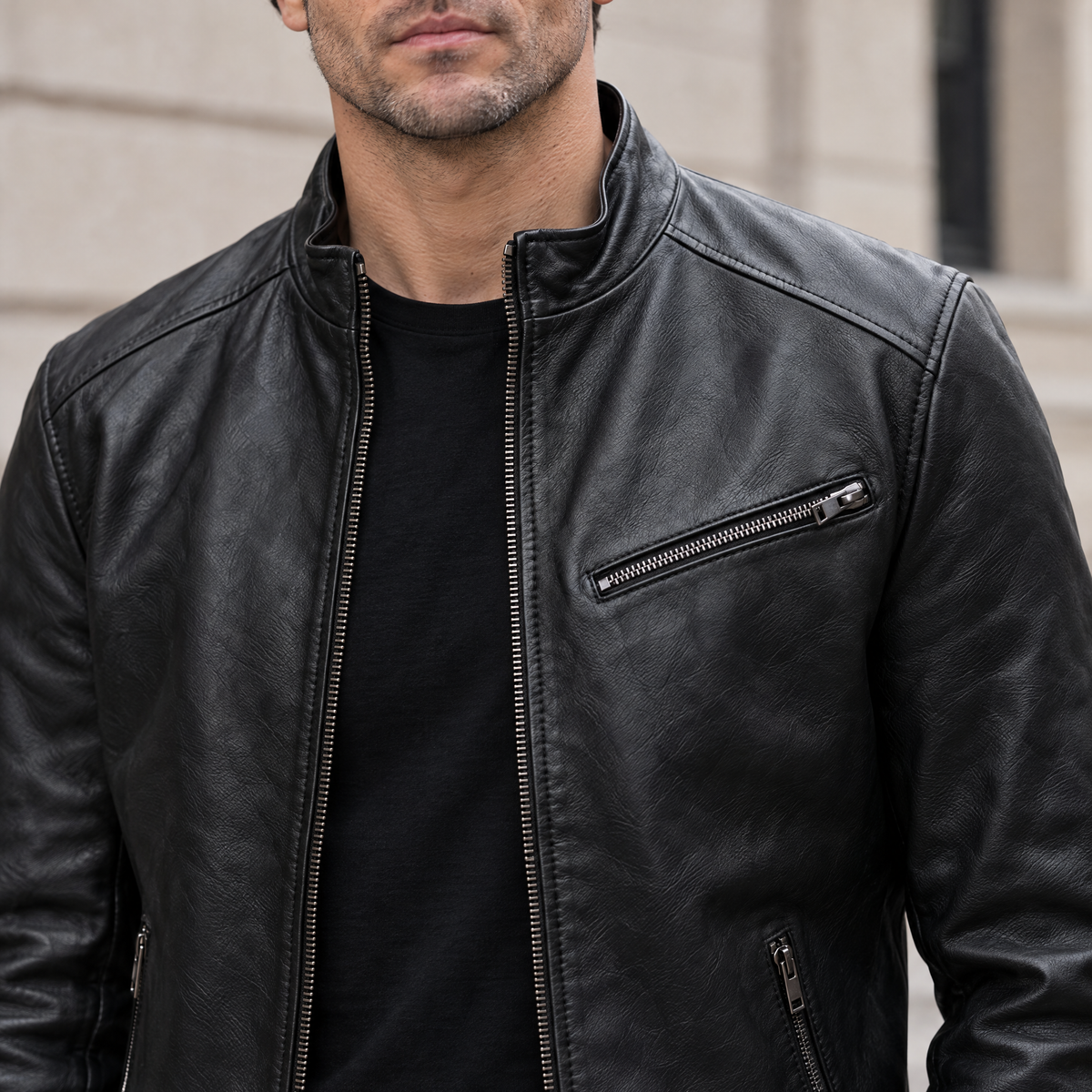 Men's Classic Leather Racer Jacket — Black — chest-detail