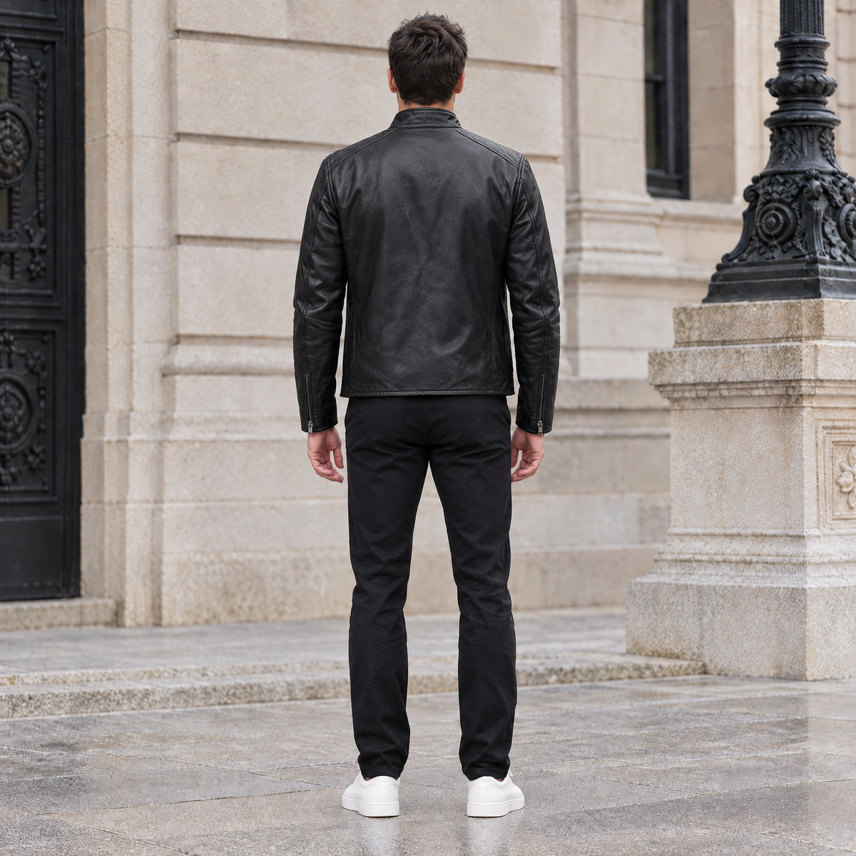 Men's Classic Leather Racer Jacket — Black — full-body-back