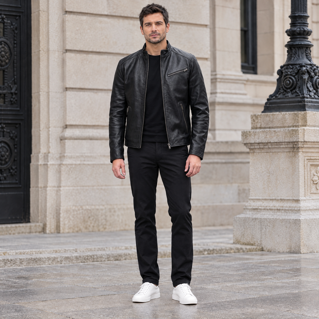 Men's Classic Leather Racer Jacket — Black — full-body-front