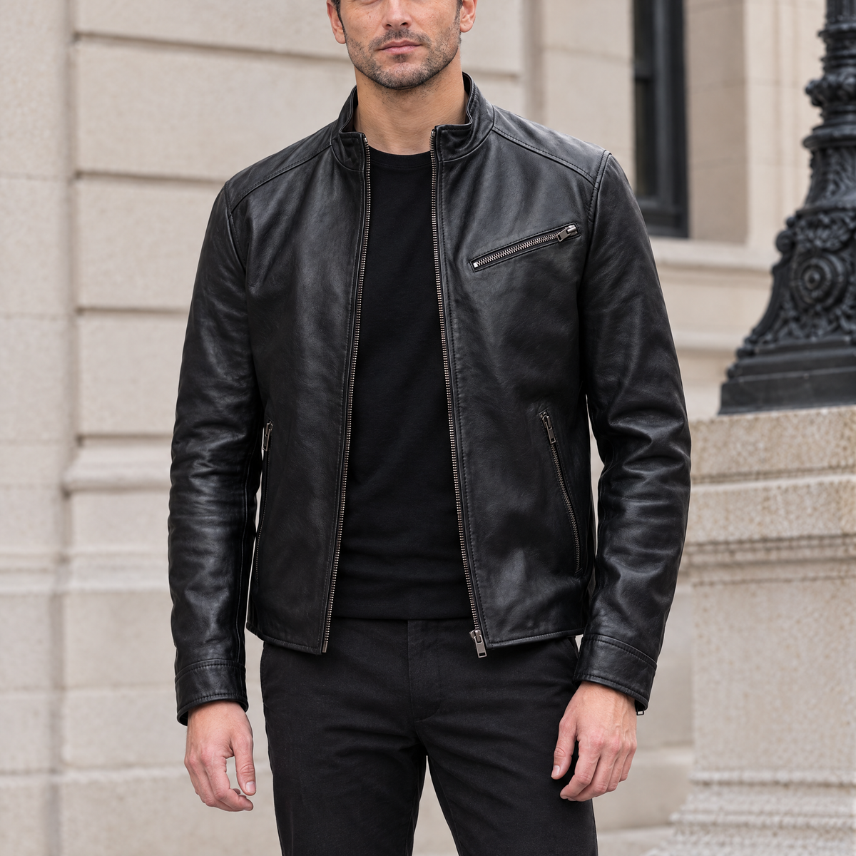 Men's Classic Leather Racer Jacket — Black — hero