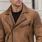 Men's Dom Padded Leather Moto Jacket — Cognac — chest-detail