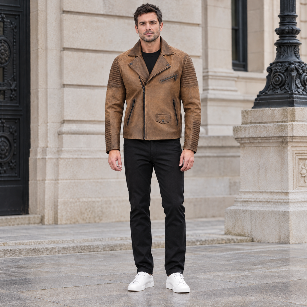 Men's Dom Padded Leather Moto Jacket — Cognac — full-body-front