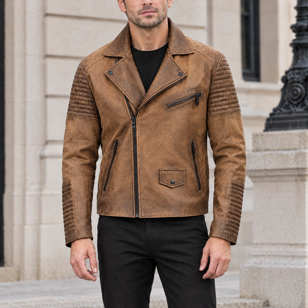 Men's Dom Padded Leather Moto Jacket — Cognac — hero