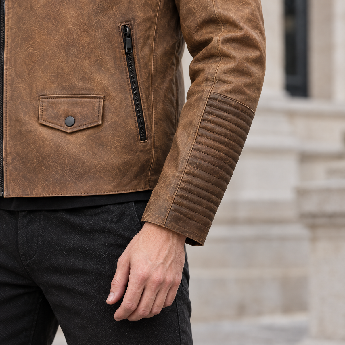 Men's Dom Padded Leather Moto Jacket — Cognac — sleeve-detail