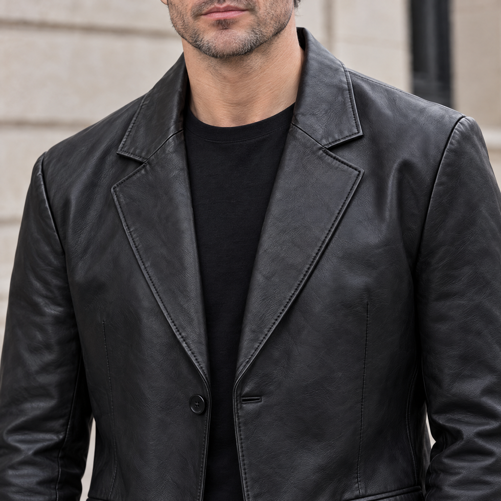 Men's Dylan Genuine Leather Blazer Jacket — Black — chest-detail