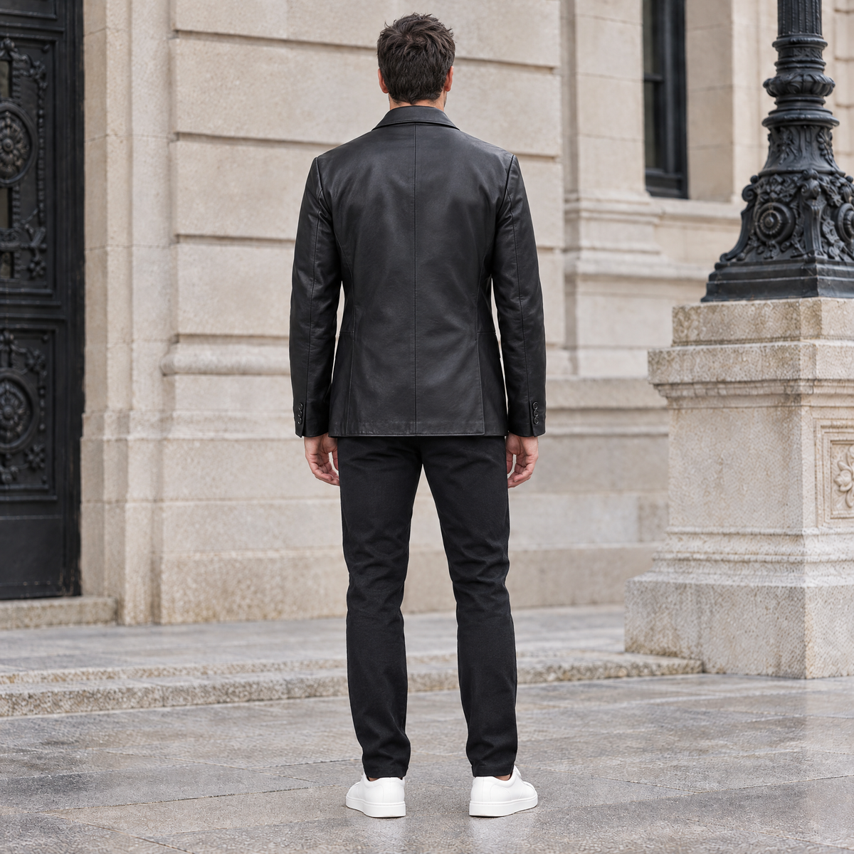 Men's Dylan Genuine Leather Blazer Jacket — Black — full-body-back