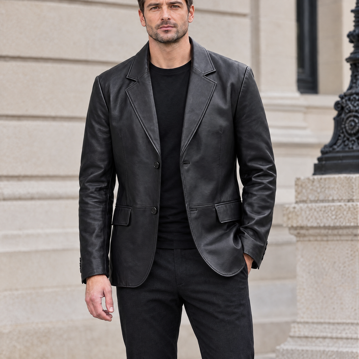 Men's Dylan Genuine Leather Blazer Jacket — Black — hero