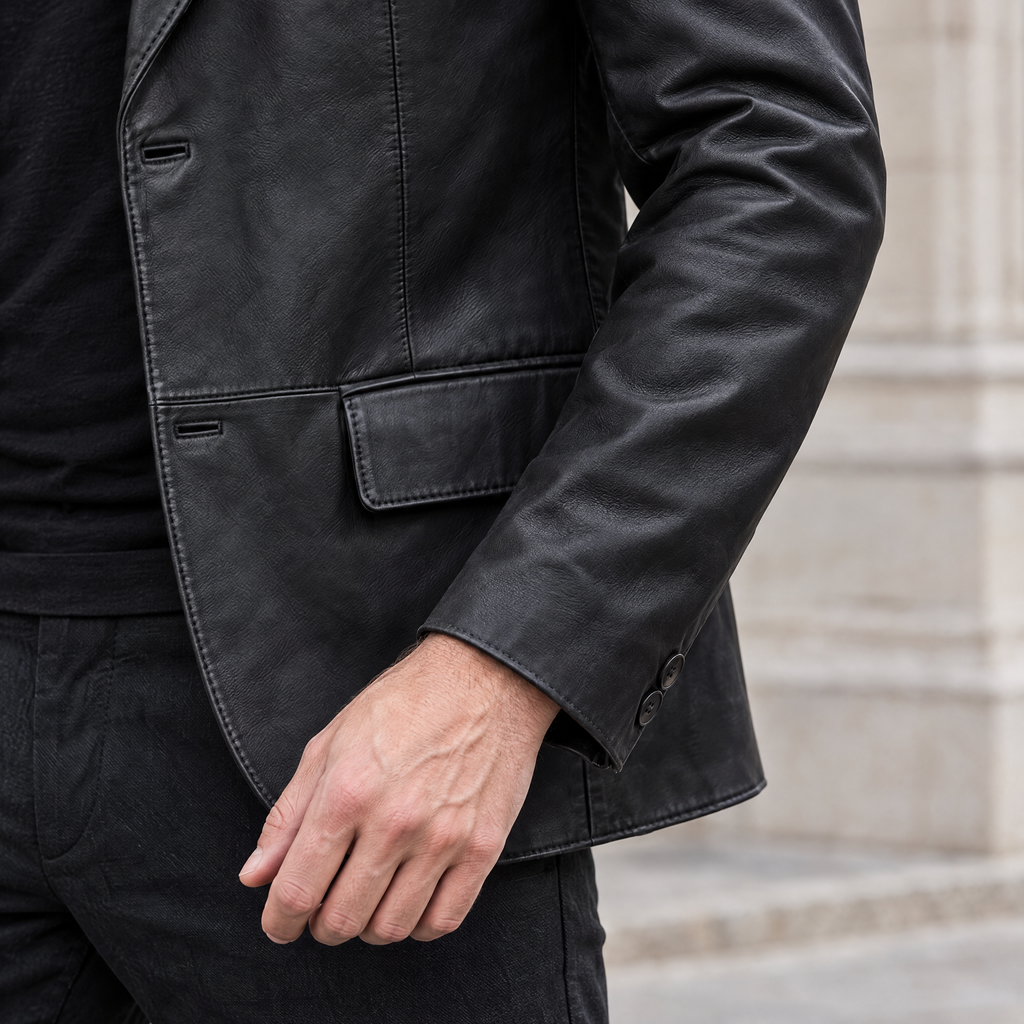 Men's Dylan Genuine Leather Blazer Jacket — Black — sleeve-detail
