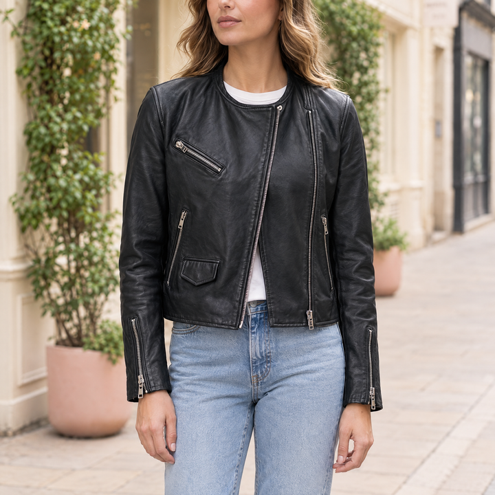 Women's Eloise Vintage Collarless Moto Jacket — Black — hero