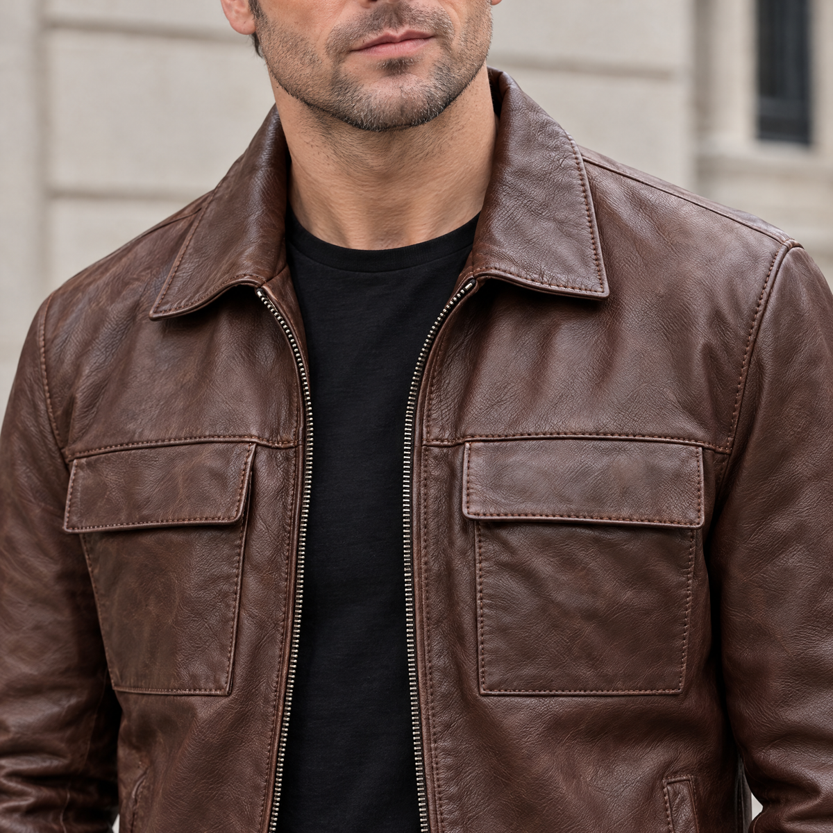 Men's Emerson Leather Zip Shirt Jacket — Brown — chest-detail