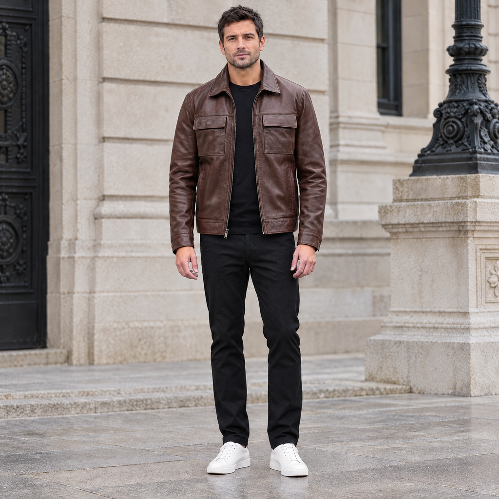Men's Emerson Leather Zip Shirt Jacket — Brown — full-body-front