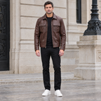 Men's Emerson Leather Zip Shirt Jacket — Brown — full-body-front